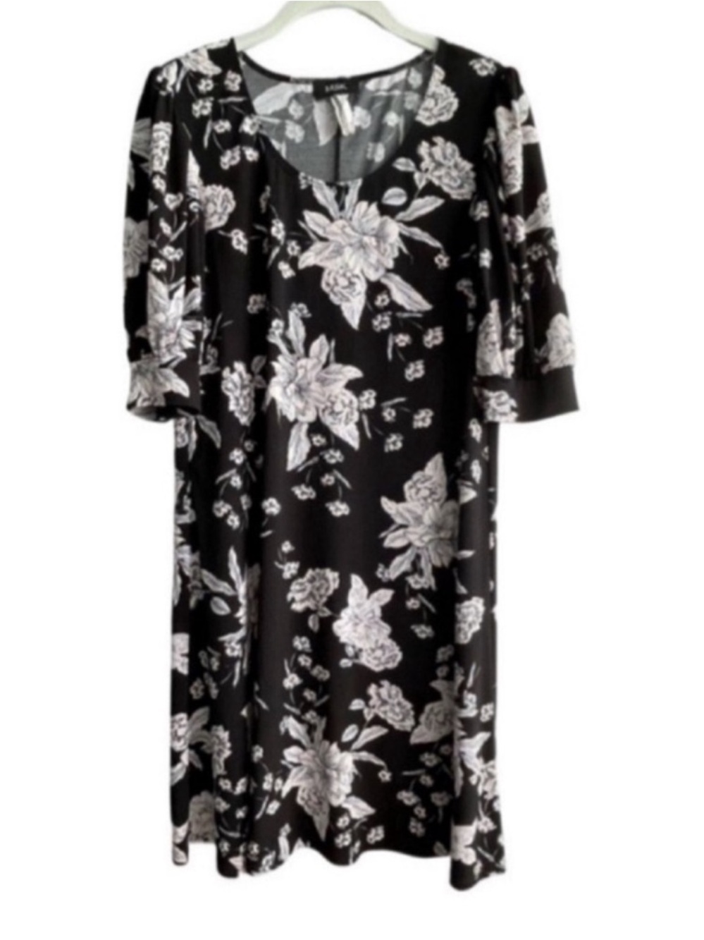 MSK Shift Dress Elbow Sleeve Floral Black White Size M